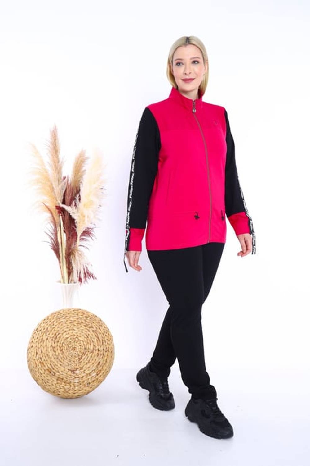 Escetic Kadın Pembe Battal/Büyük Beden Dik Yaka 4 Mevsim Süper 2 İplik Spor Eşofman Takımı 6559