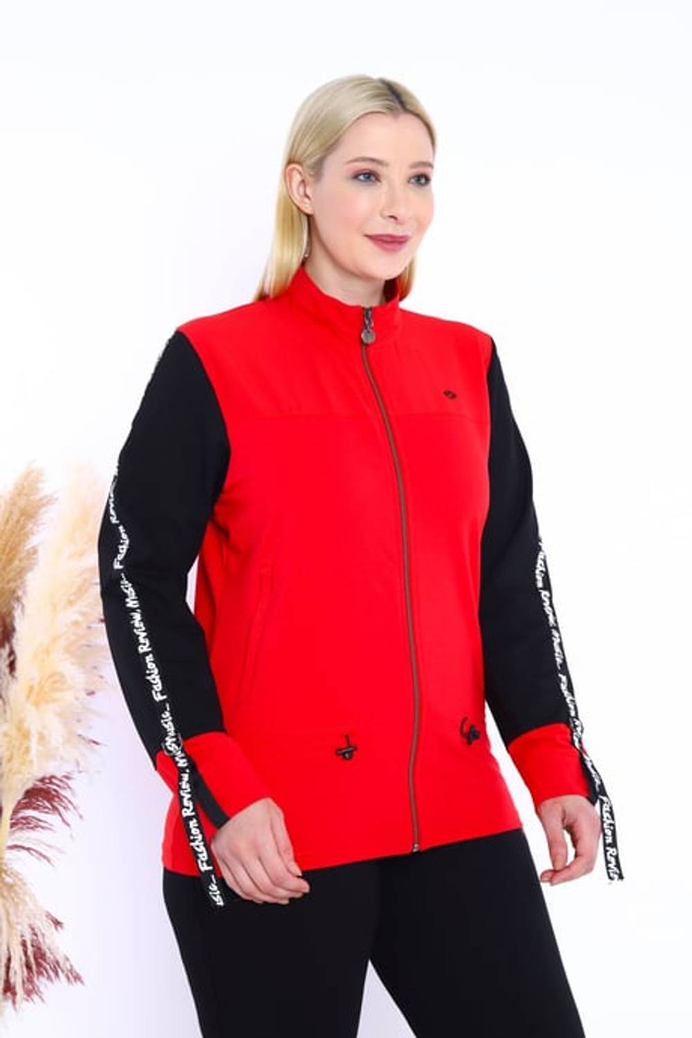 Escetic Kadın Kırmızı Battal/Büyük Beden Dik Yaka 4 Mevsim Süper 2 İplik Spor Eşofman Takımı 6559