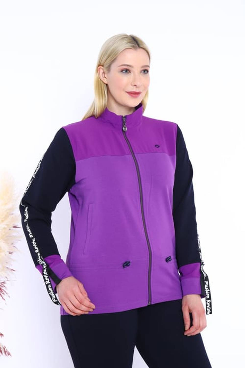 Escetic Kadın Koyu Lila Battal/Büyük Beden Dik Yaka 4 Mevsim Süper 2 İplik Spor Eşofman Takımı 6559