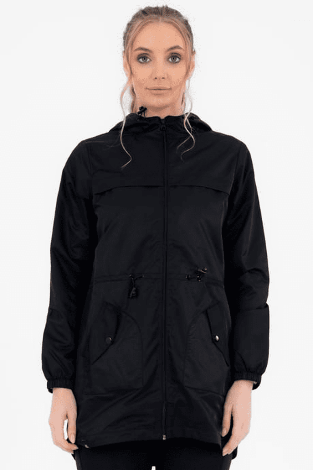 Escetic Women's Black Windbreaker Fixed Hooded Patterned Lined Water Repellent Seasonal Thin Jacket 6562