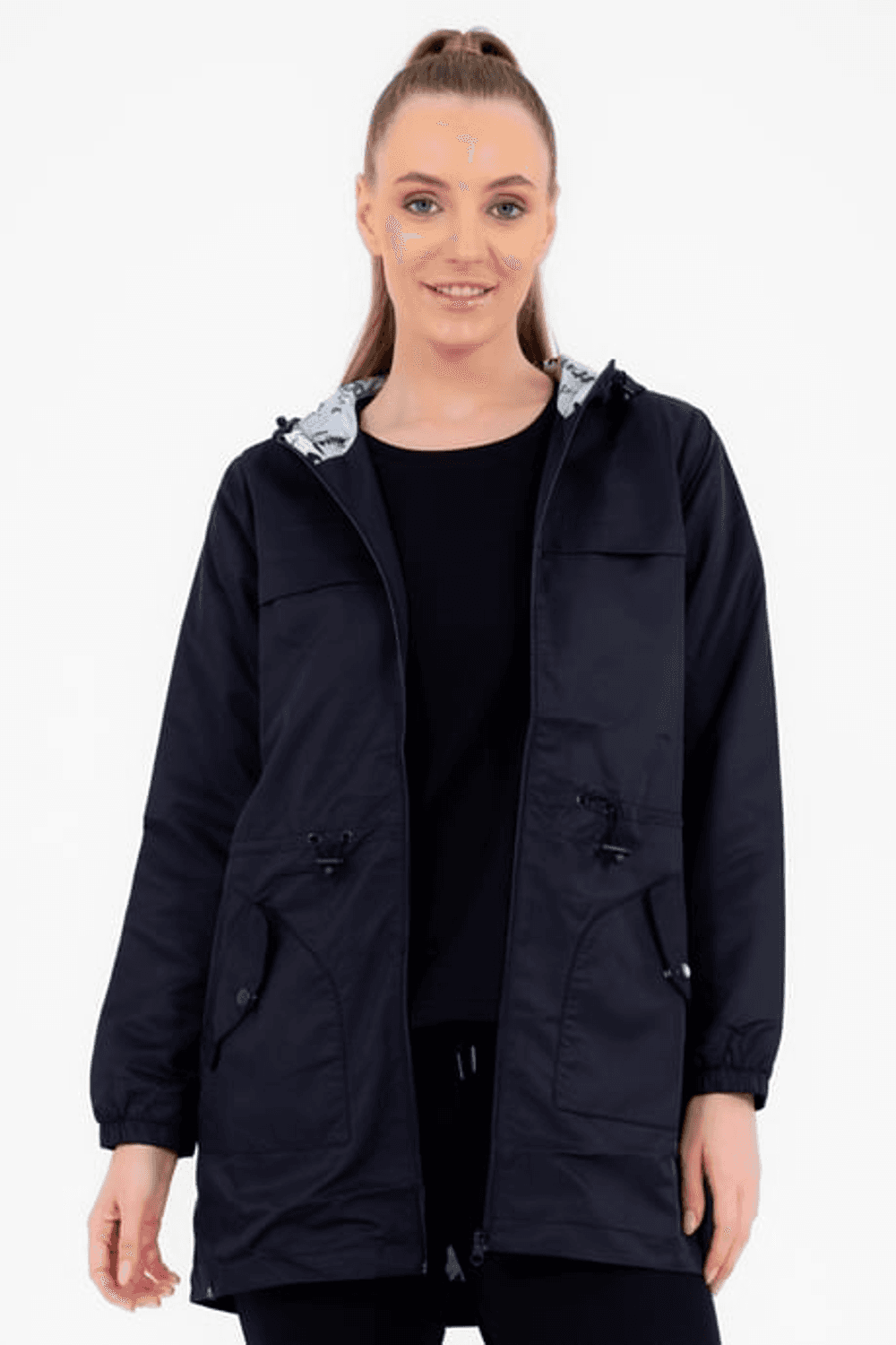 Escetic Women's Navy Blue Windbreaker 2 Pockets Fixed Hooded Patterned Lined Water Repellent Seasonal Thin Jacket 6562