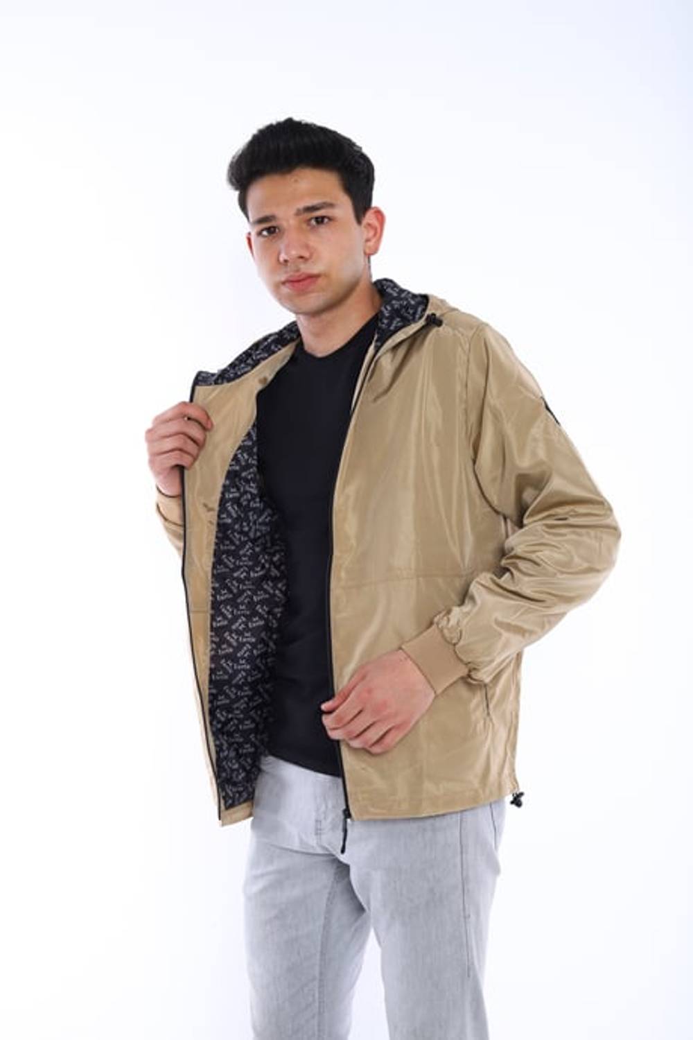 Escetic Vizon Erkek Rüzgarlık Sabit Kapüşonlu Desenli Astarlı Su İtici Mevsimlik İnce Ceket 6571