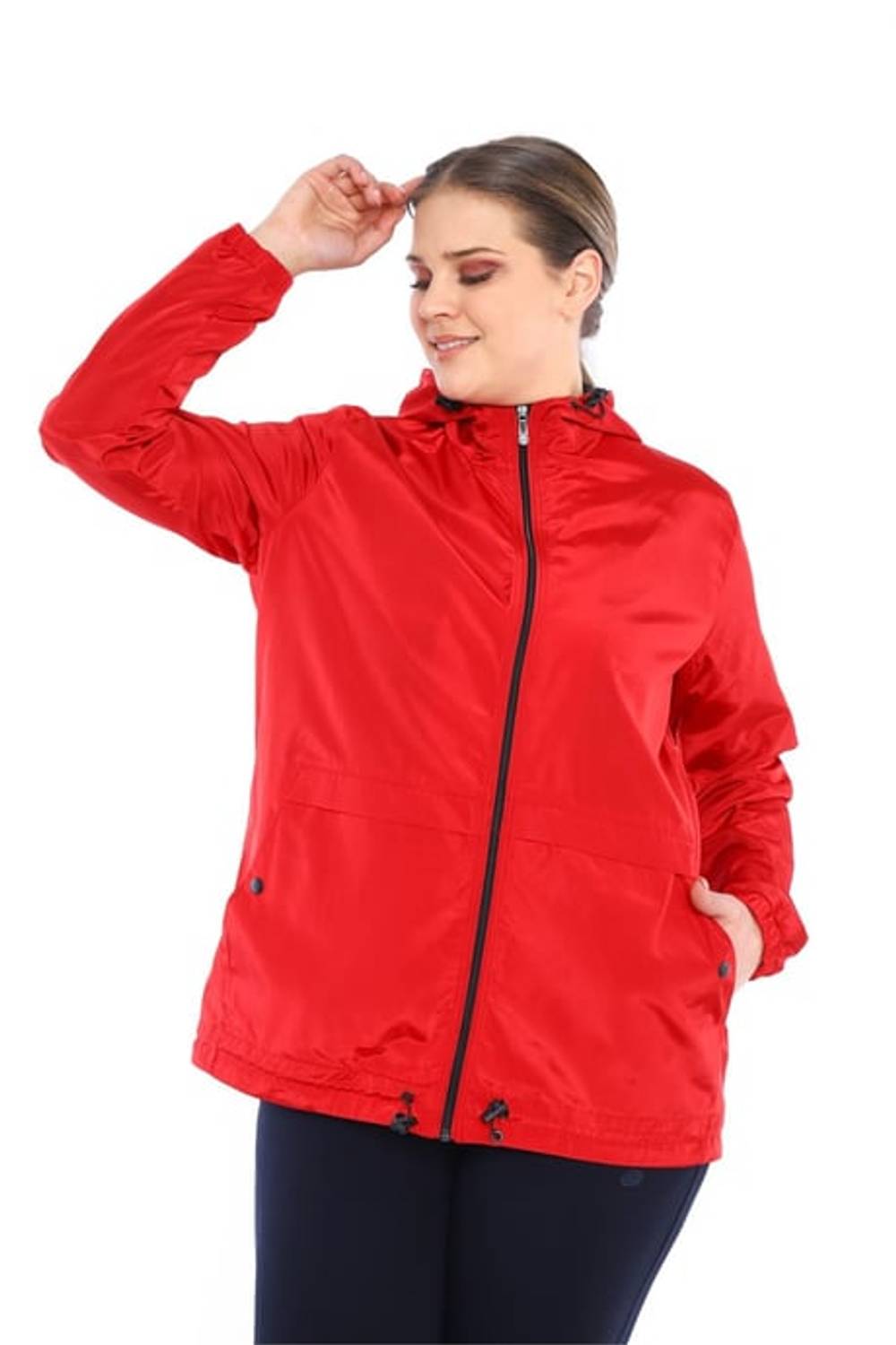 سترة واقية من الرياح كبيرة الحجم للنساء من Escetic Claret Red وغطاء للرأس ومبطنة وطاردة للماء موسمية رفيعة 6575