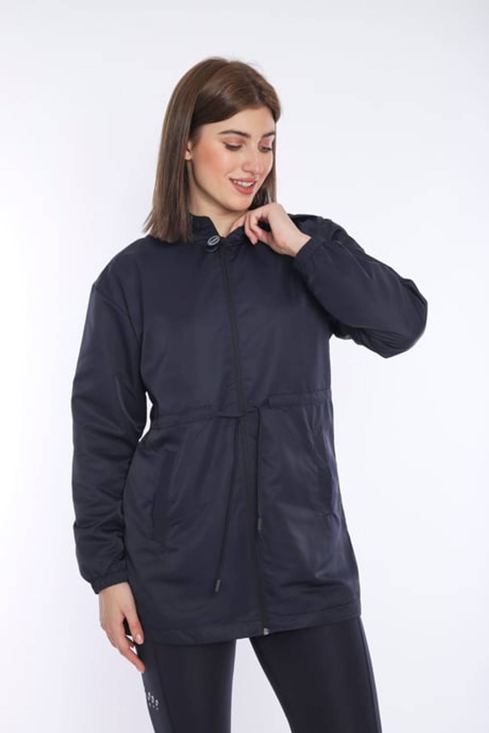 Escetic Women's Navy Blue Mesh Lined Pocket Hooded Sports Windbreaker Raincoat Thin Jacket 6723