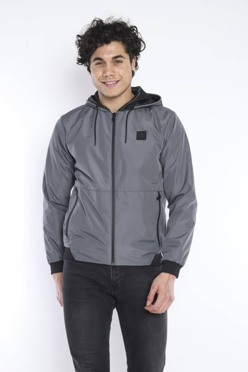 Men's Gray Windbreaker Raincoat Thin Hooded Jacket 2 Pockets Patterned Lined 6722