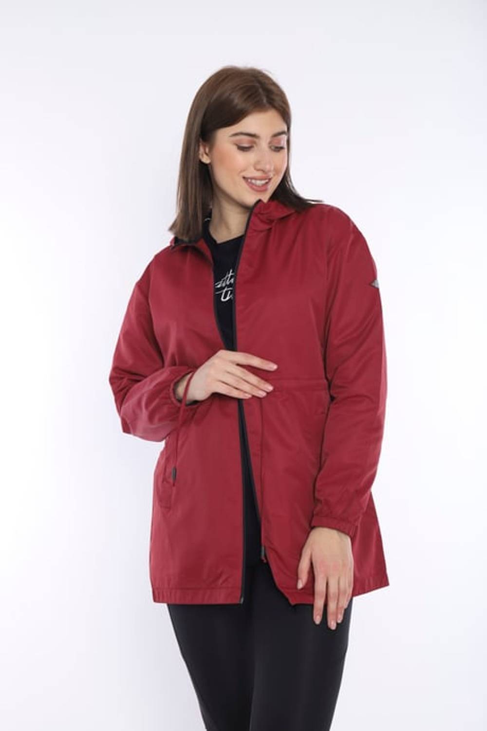 Escetic Women's Claret Red Mesh Lined Pocket Hooded Sports Windbreaker Raincoat Thin Jacket 6723