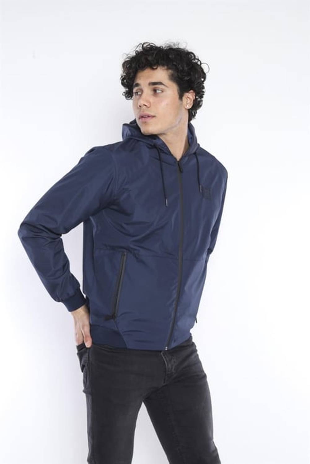 Men's Navy Blue Windbreaker Raincoat Thin Hooded Jacket 2 Pockets Patterned Lined 6722