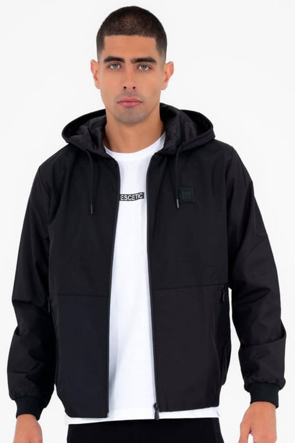 Men's Black Windbreaker Raincoat Thin Hooded Jacket 2 Pockets Patterned Lined 6722