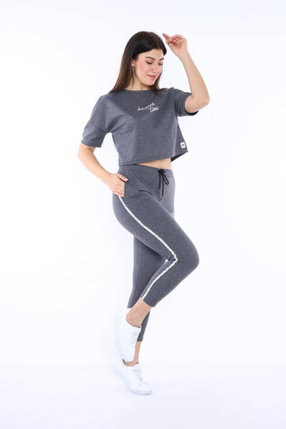 Escetic G3 Melanj Kadın Baskı Şerit Detaylı ABD Pike Nefes Alan T-shirt Takım A3000