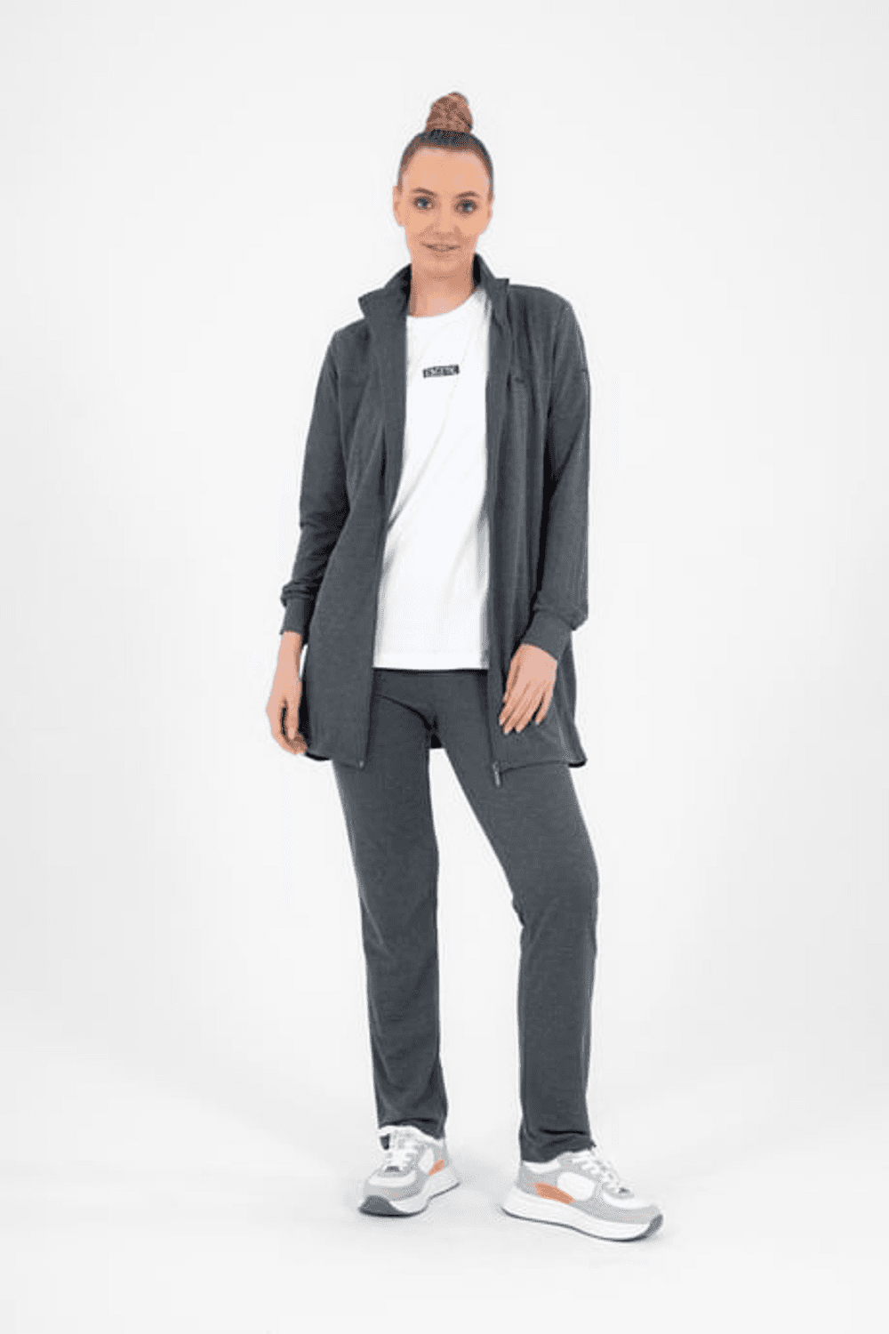 Escetic G3 Melanj Kadın Yazlık Dik Yaka Cepli Fermuarlı Spor Slimfit Tunik Eşofman Takımı 6760