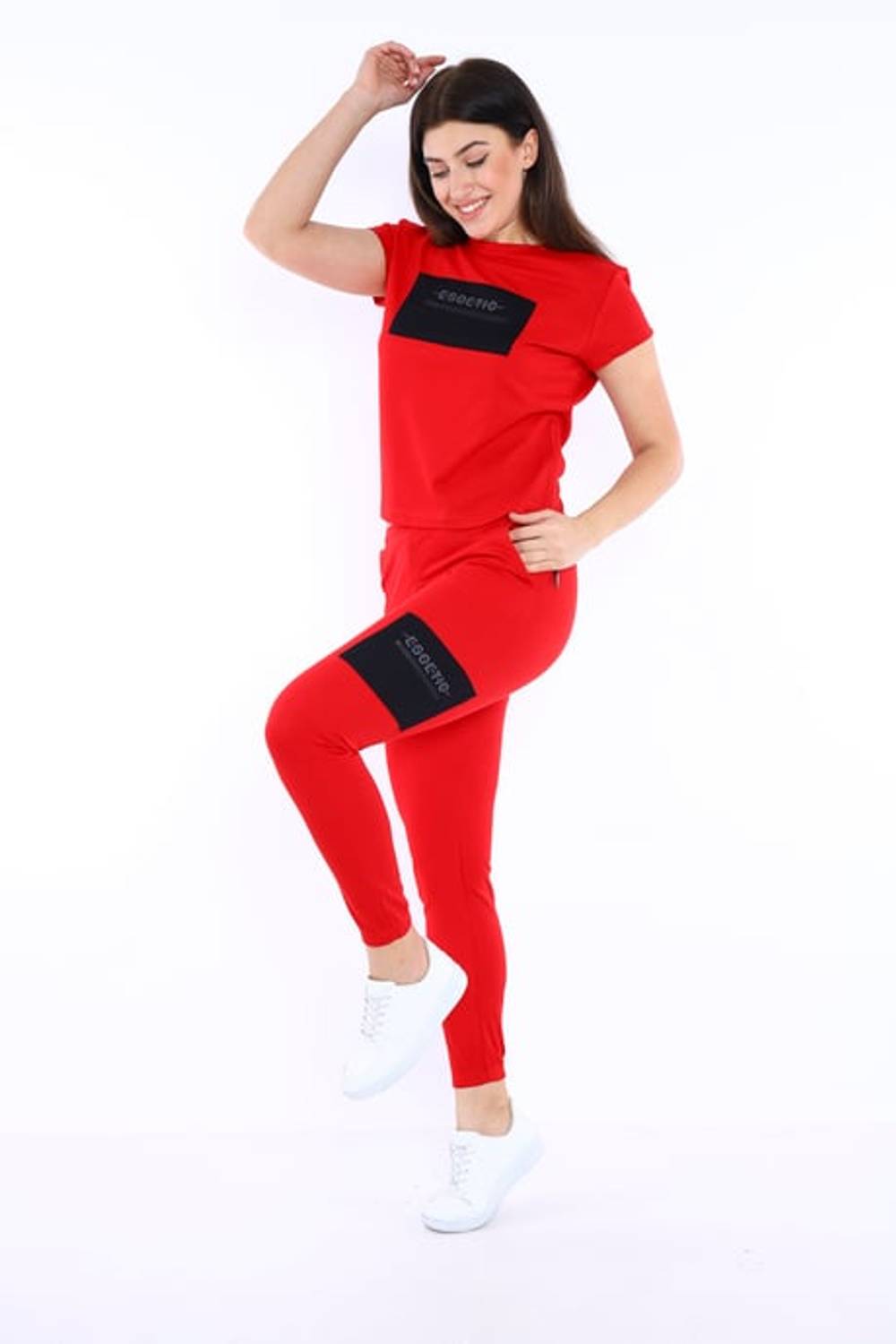 Escetic Kırmızı Kadın Dokuma Detaylı ABD Pike Nefes Alan T-shirt Takım A3004