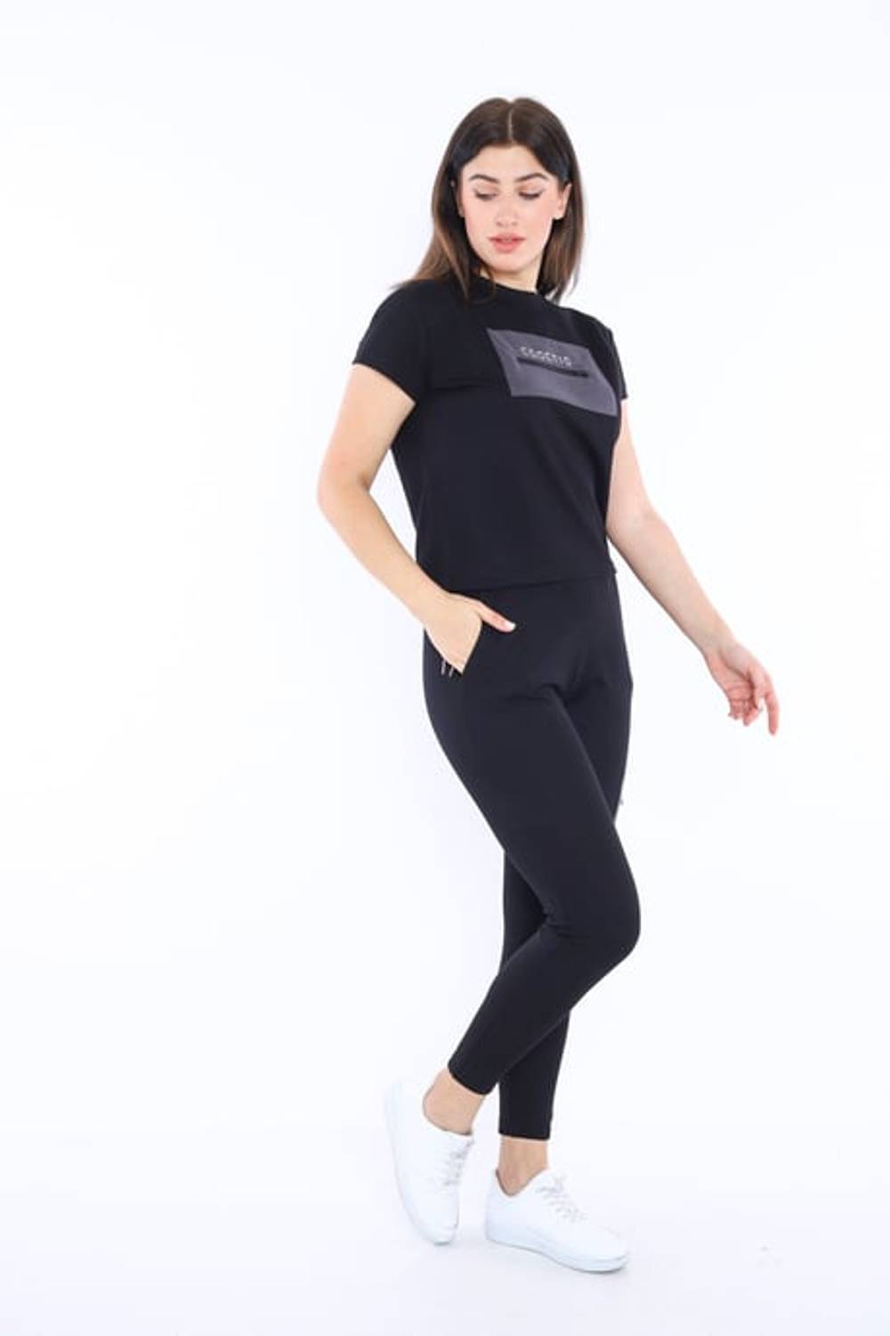 Escetic Siyah Kadın Dokuma Detaylı ABD Pike Nefes Alan T-shirt Takım A3004