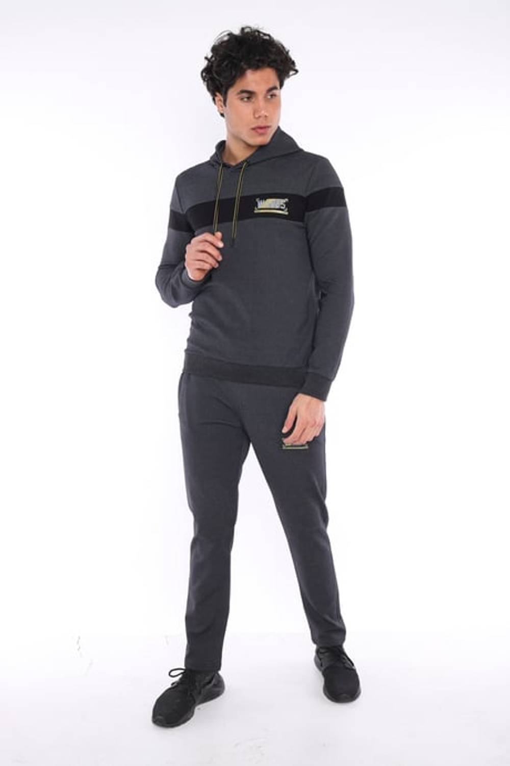 Мужской спортивный комплект с капюшоном Escetic черно-серый, slim fit, дышащий, с принтом из хлопка и полиэстера, идеален для спорта и повседневной носки