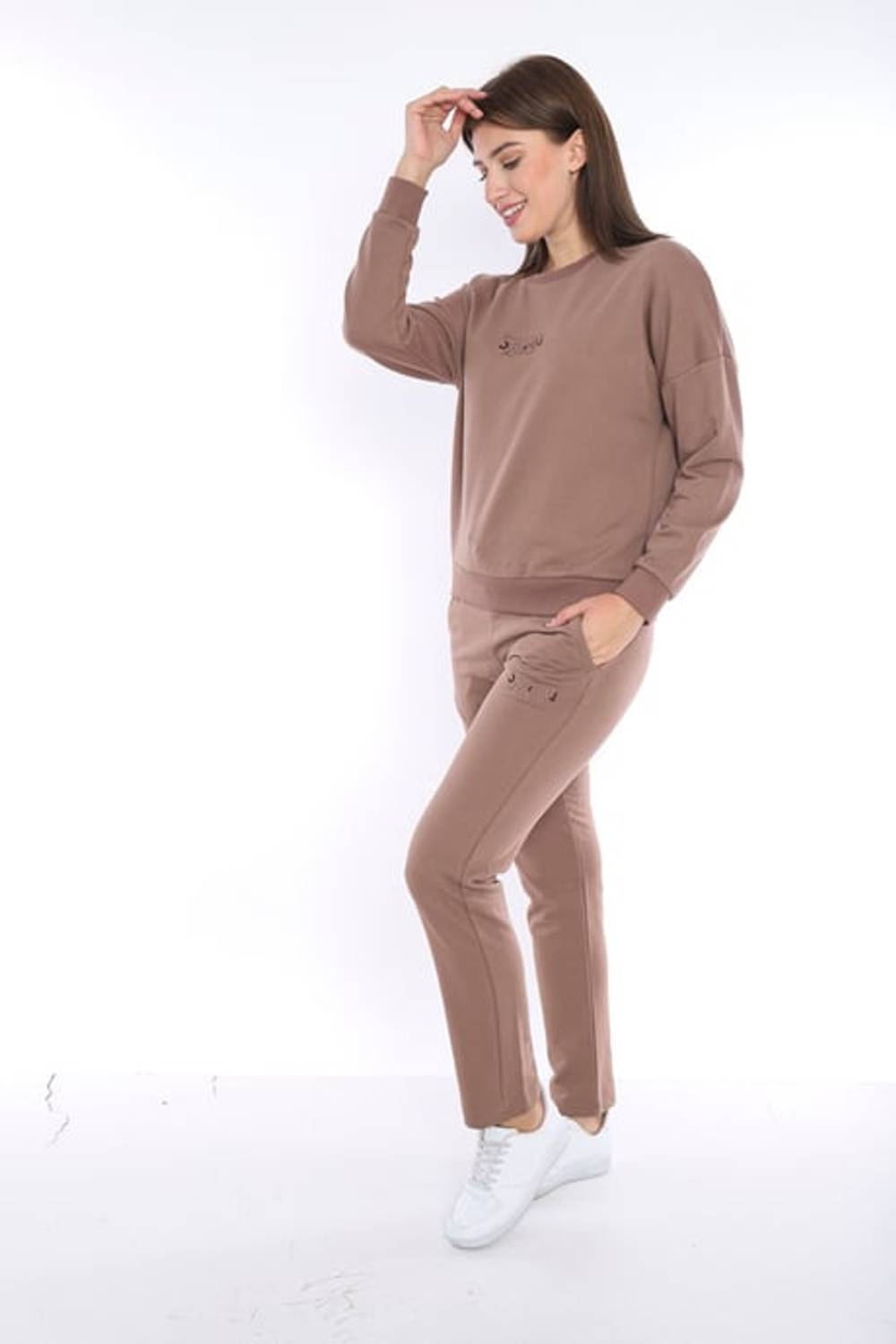 Escetic Açık Kahve Kadın 3 İplik Nefes Alabilen Spor Casual Sweat Eşofman Takımı A3050