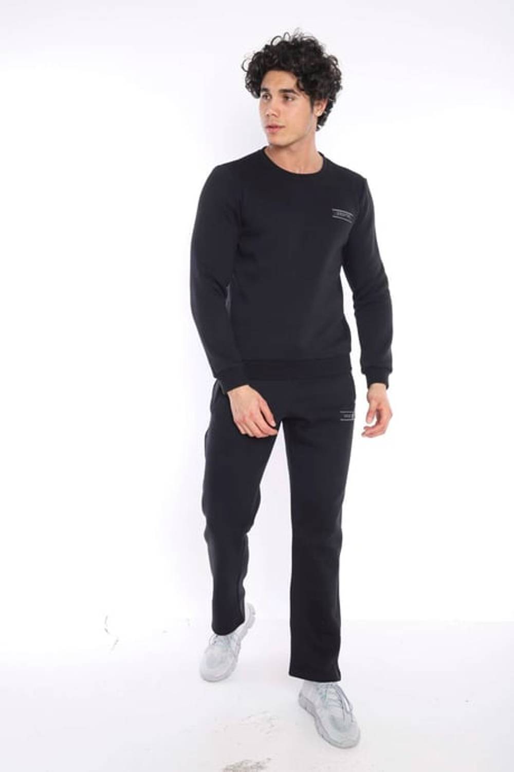 طقم بدلة رياضية شتوية سميكة للرجال من Escetic Black مكونة من 3 خيوط (مع خطوط نقطية من الداخل) A3053