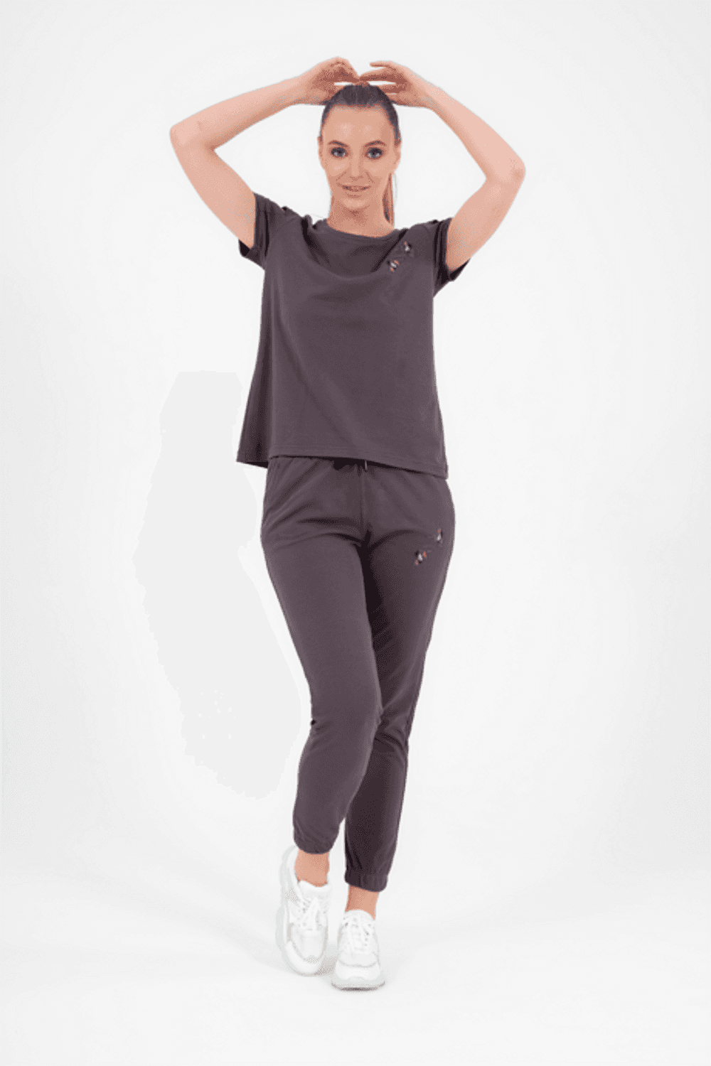 Escetic Füme Kadın Nakış Detaylı ABD Pike Nefes Alan T-shirt Takım A3068