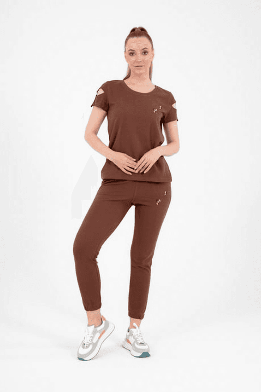 Escetic Brown Women's Embroidery Detailed US Pique Breathable T-shirt Set A3068