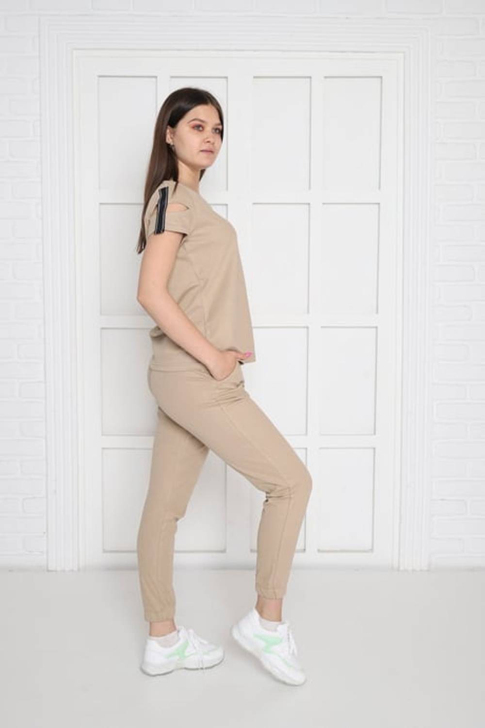 Escetic Dark Beige Women's Embroidery Detailed US Pique Breathable T-shirt Set A3068