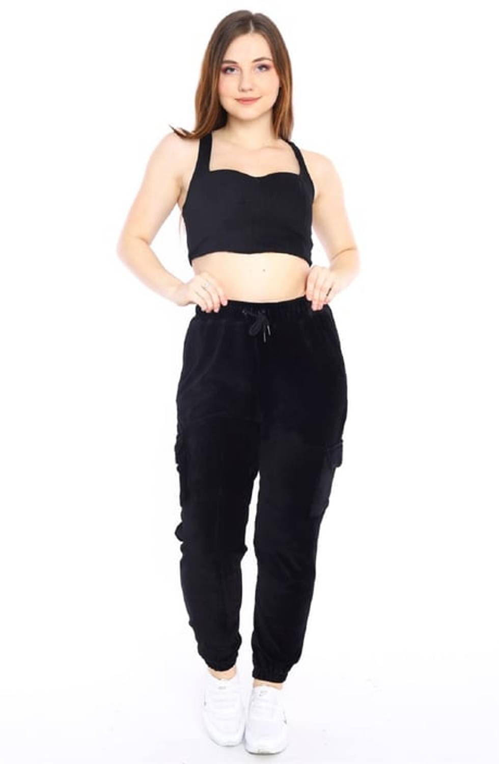 Escetic Black Women's Cargo Pocket Sweatpants Elastic Skinny Leg 1935