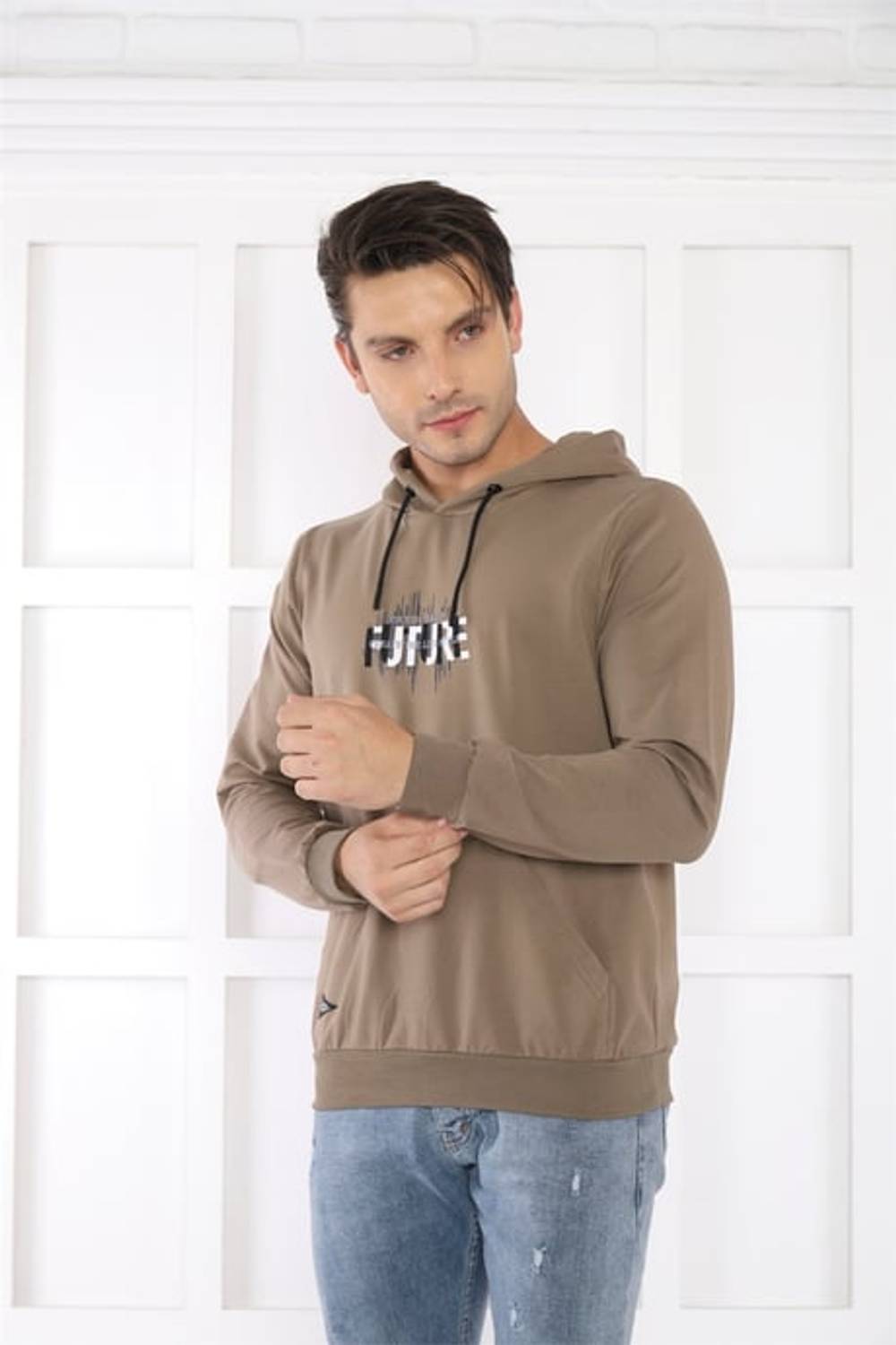 Escetic Men's Slimfit Khaki Pocketed, 2 Thread Hooded Sports Sweatshirt 0949