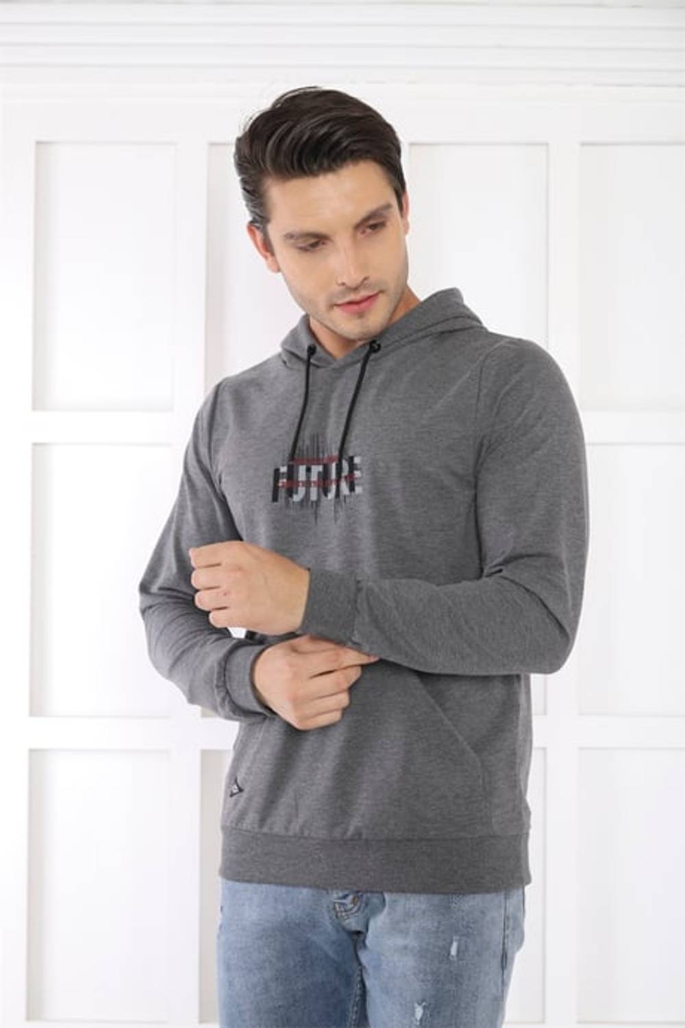 Escetic Erkek Slimfit G3 Melanj Cepli, 2 İplik Kapüşonlu Spor Sweatshirt 0949