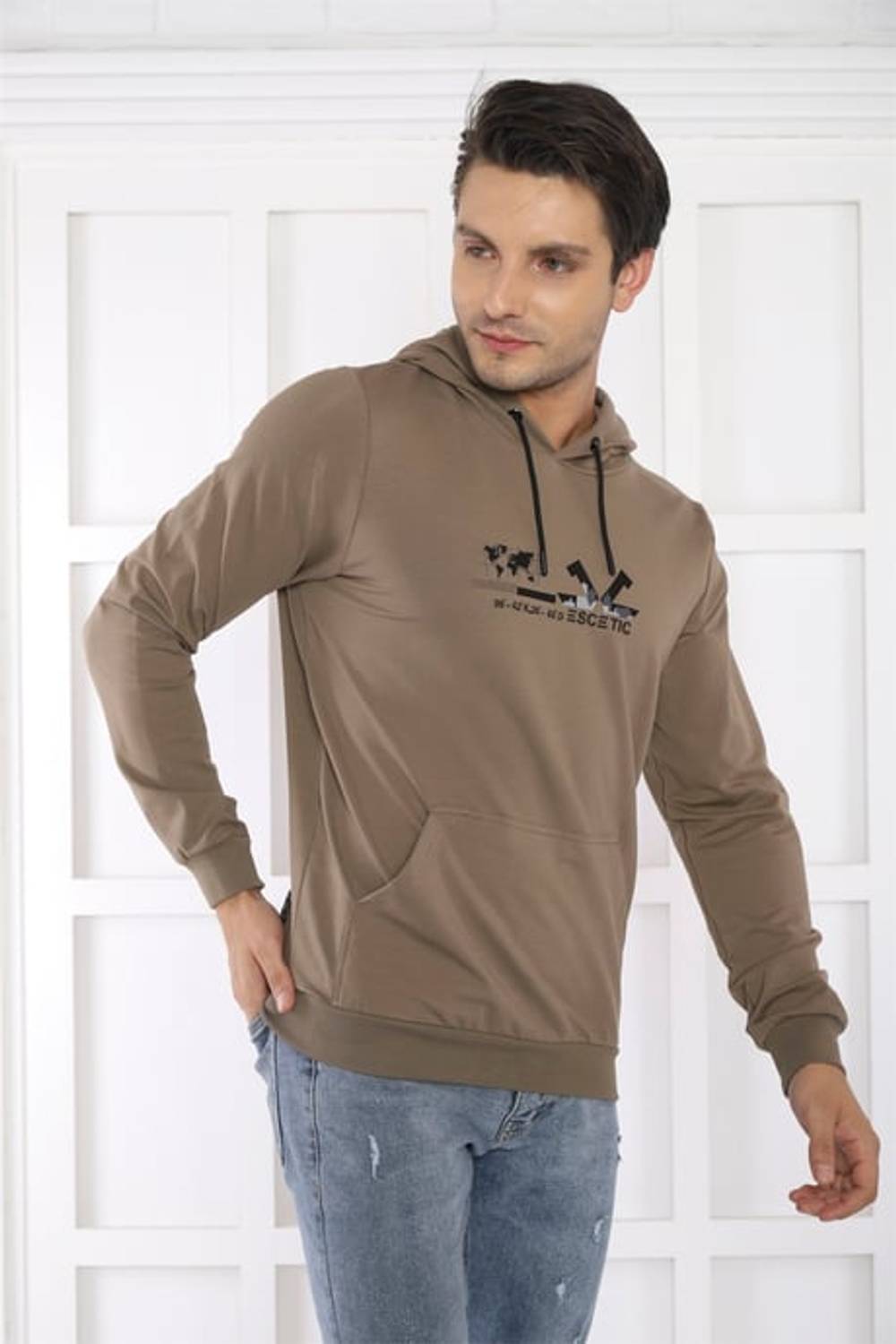 Escetic Erkek Slimfit Haki Cepli, 2 İplik Kapüşonlu Spor Sweatshirt 0950