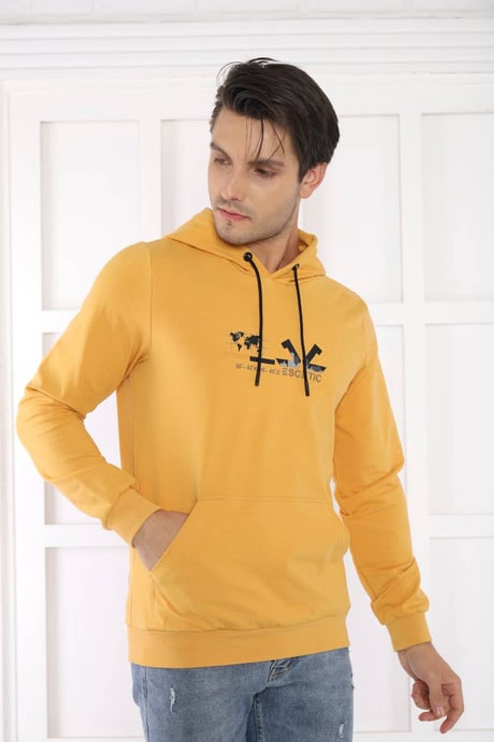 Escetic Men's Slimfit Mustard Pocket, 2 Thread Hooded Sports Sweatshirt 0950