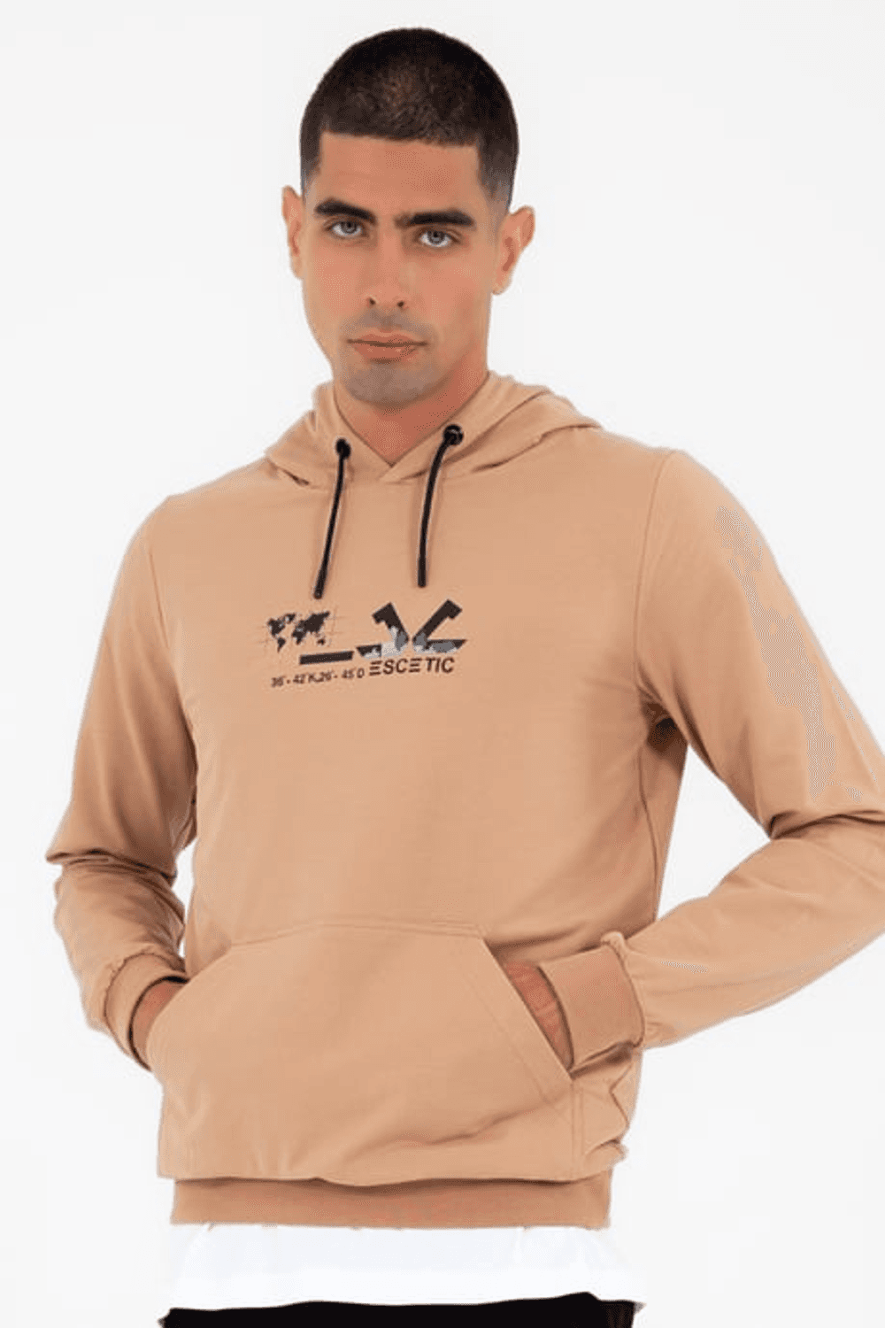 Escetic Erkek Slimfit Koyu Vizon Cepli, 2 İplik Kapüşonlu Spor Sweatshirt 0950