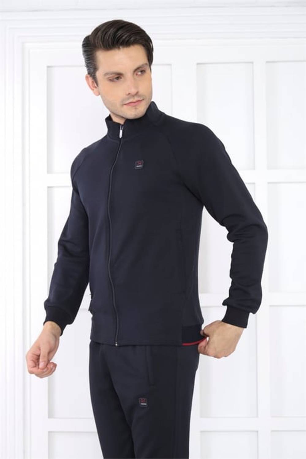 Escetic Lacivert Erkek Dik Yaka 4 Mevsim Nefes Alabilen Pamuklu Spor Slimfit Eşofman Takımı 6767