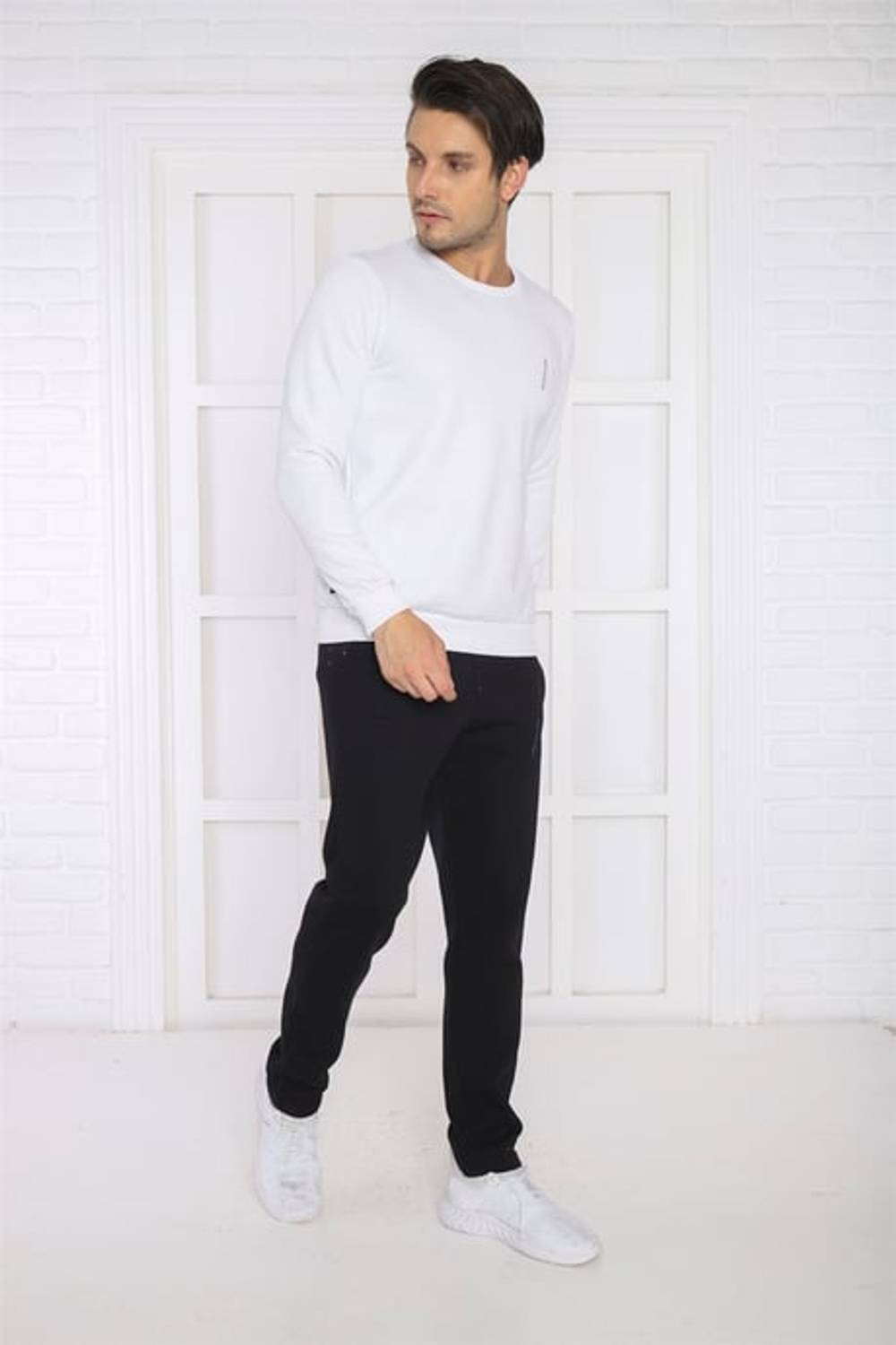 Escetic Beyaz Erkek 3 İplik Şardonlu Nefes Alan Spor Slimfit Sweat Eşofman Takımı 3078