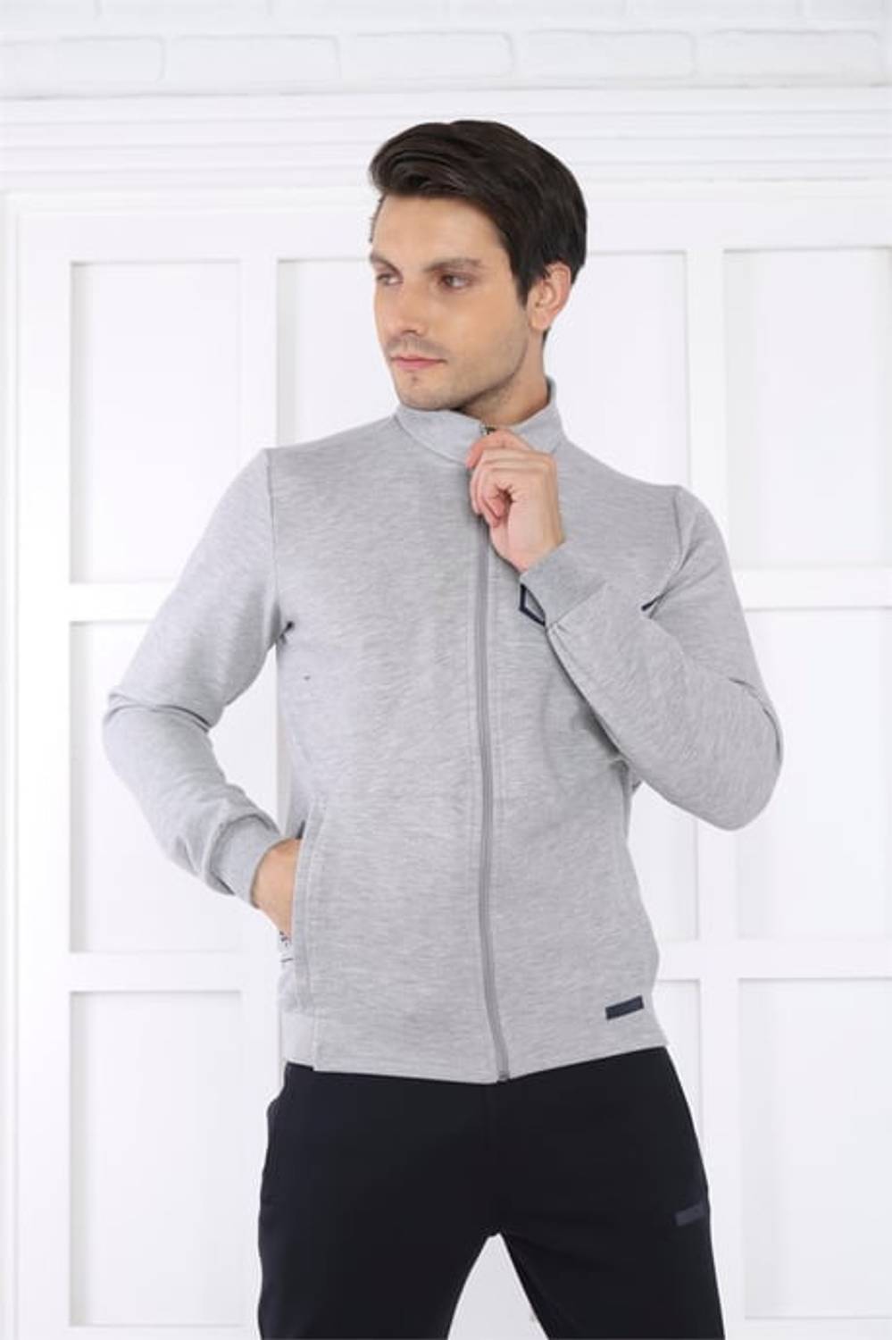 Мужской спортивный комплект Escetic с прямым воротником и карманами, 4 сезона, дышащий, хлопковый, slimfit, цвет серый