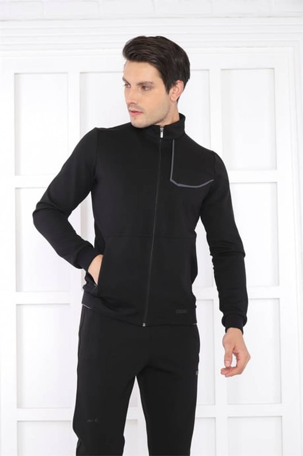 Escetic Siyah Erkek Dik Yaka 4 Mevsim Nefes Alabilen Pamuklu Spor Slimfit Eşofman Takımı 6793