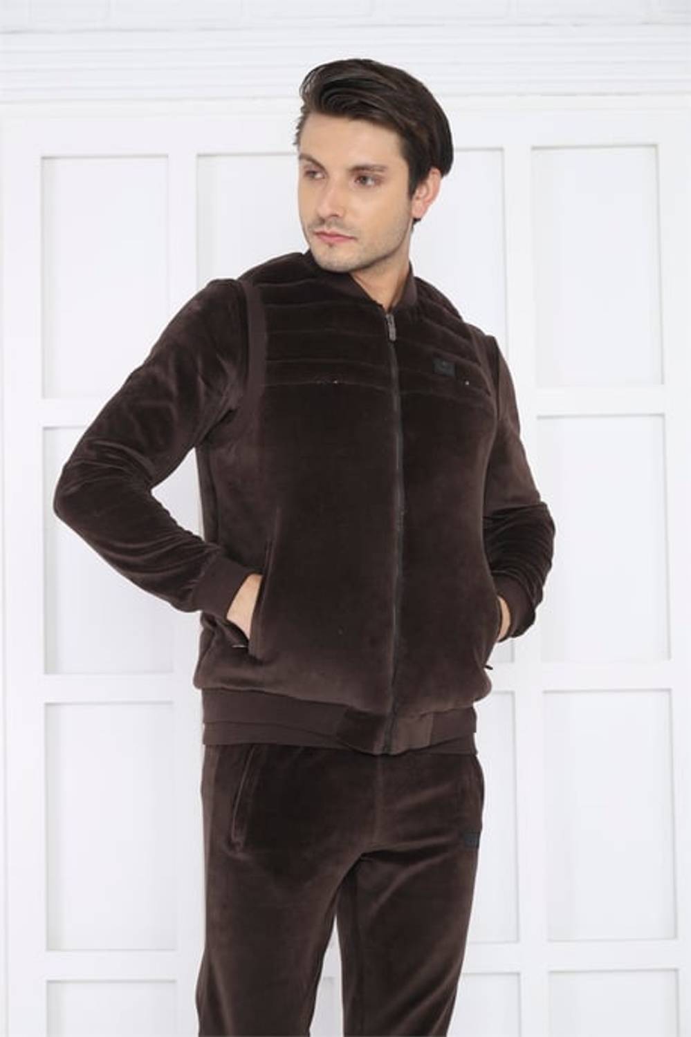 Escetic Kahve Erkek Slimfit Düz Kadife Üçlü/Yelekli 4 Cepli Spor Sweat Takım 7051