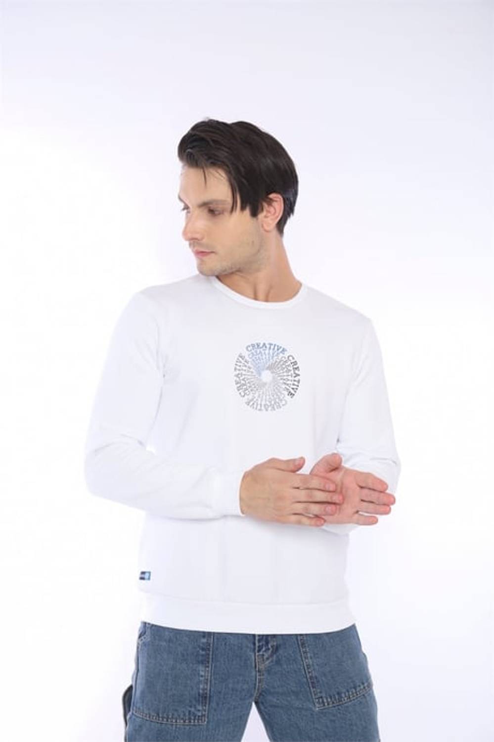 Escetic Beyaz Erkek Kışlık Slimfit 3 İplik İçi Polarlı Nefes Alabilen Spor Sweatshirt 0939