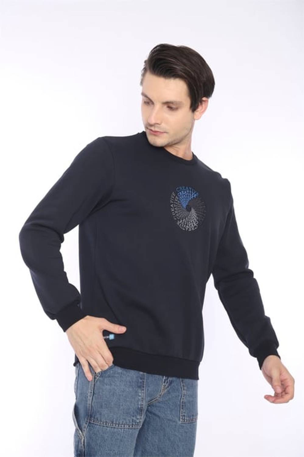 Escetic Navy Blue Men's Winter Slimfit 3 Thread Fleece Breathable Sports Sweatshirt 0939