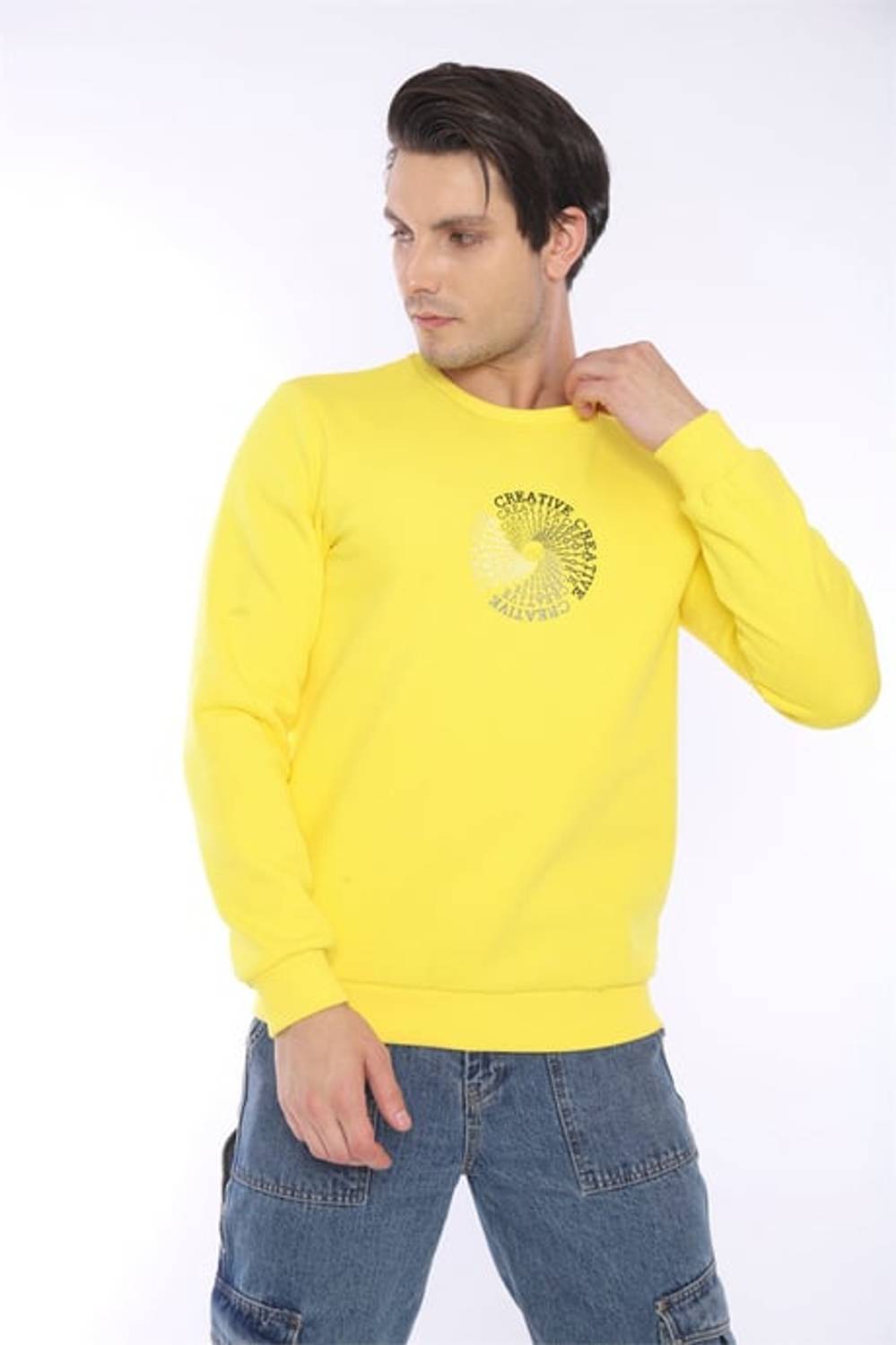 Escetic Yellow Men's Winter Slimfit 3 Thread Fleece Breathable Sports Sweatshirt 0939