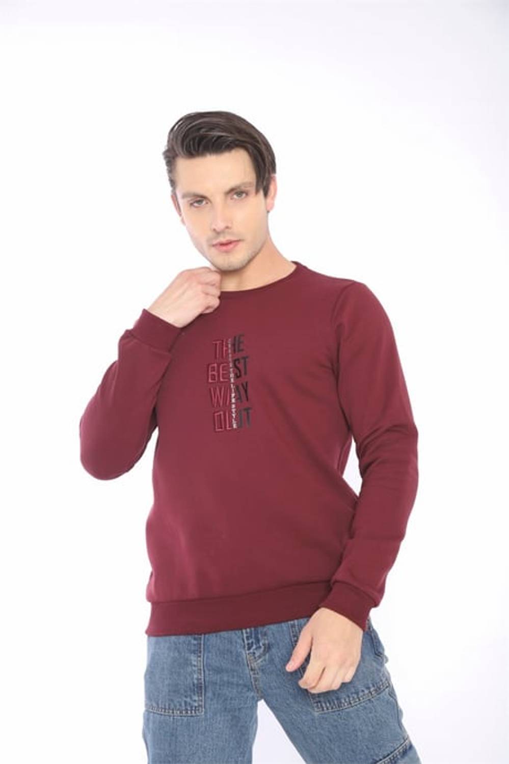 Escetic Bordo Erkek Kışlık Slimfit 3 İplik İçi Polarlı Nefes Alabilen Spor Sweatshirt 0940