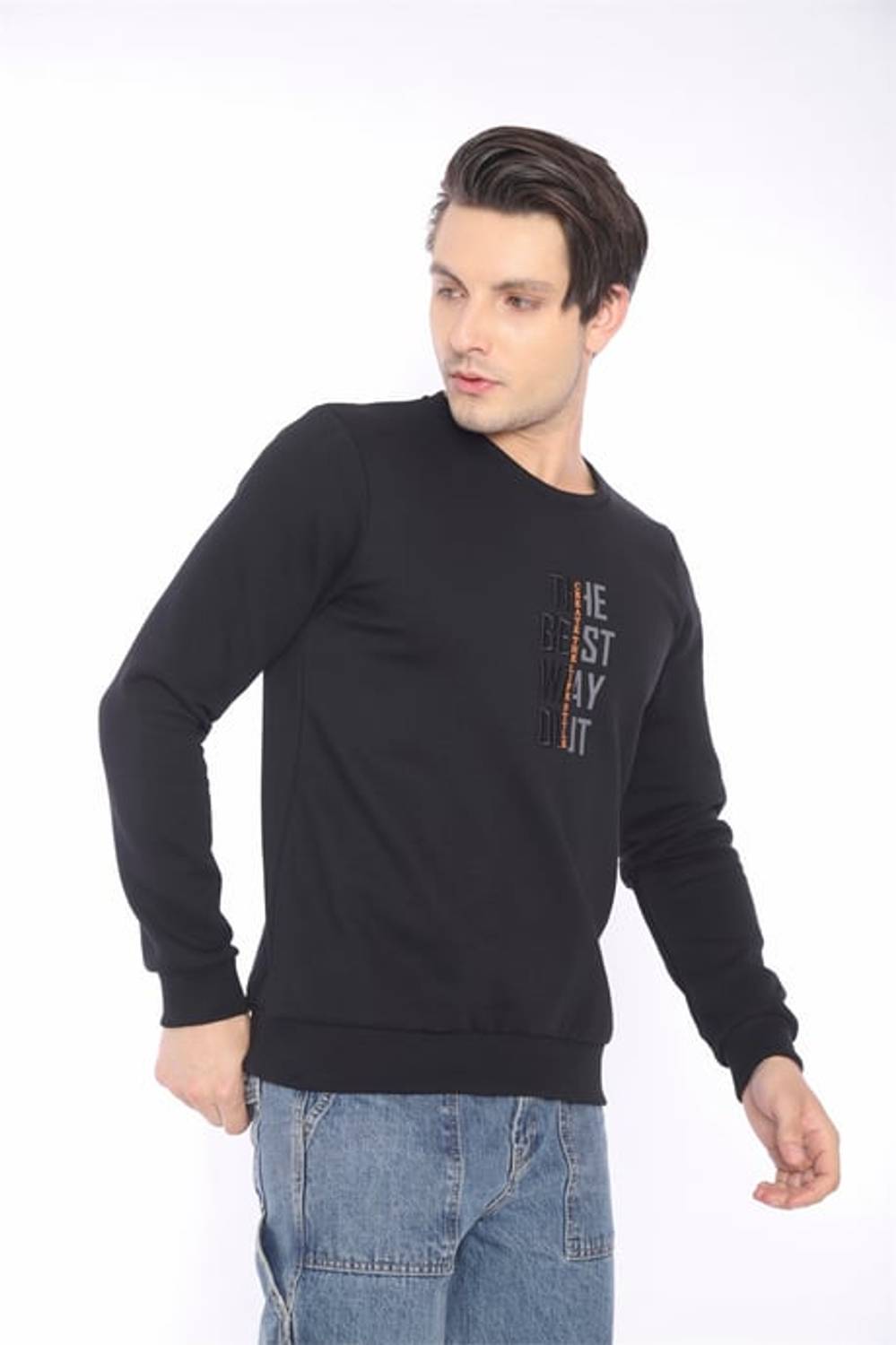 Escetic Siyah Erkek Kışlık Slimfit 3 İplik İçi Polarlı Nefes Alabilen Spor Sweatshirt 0940