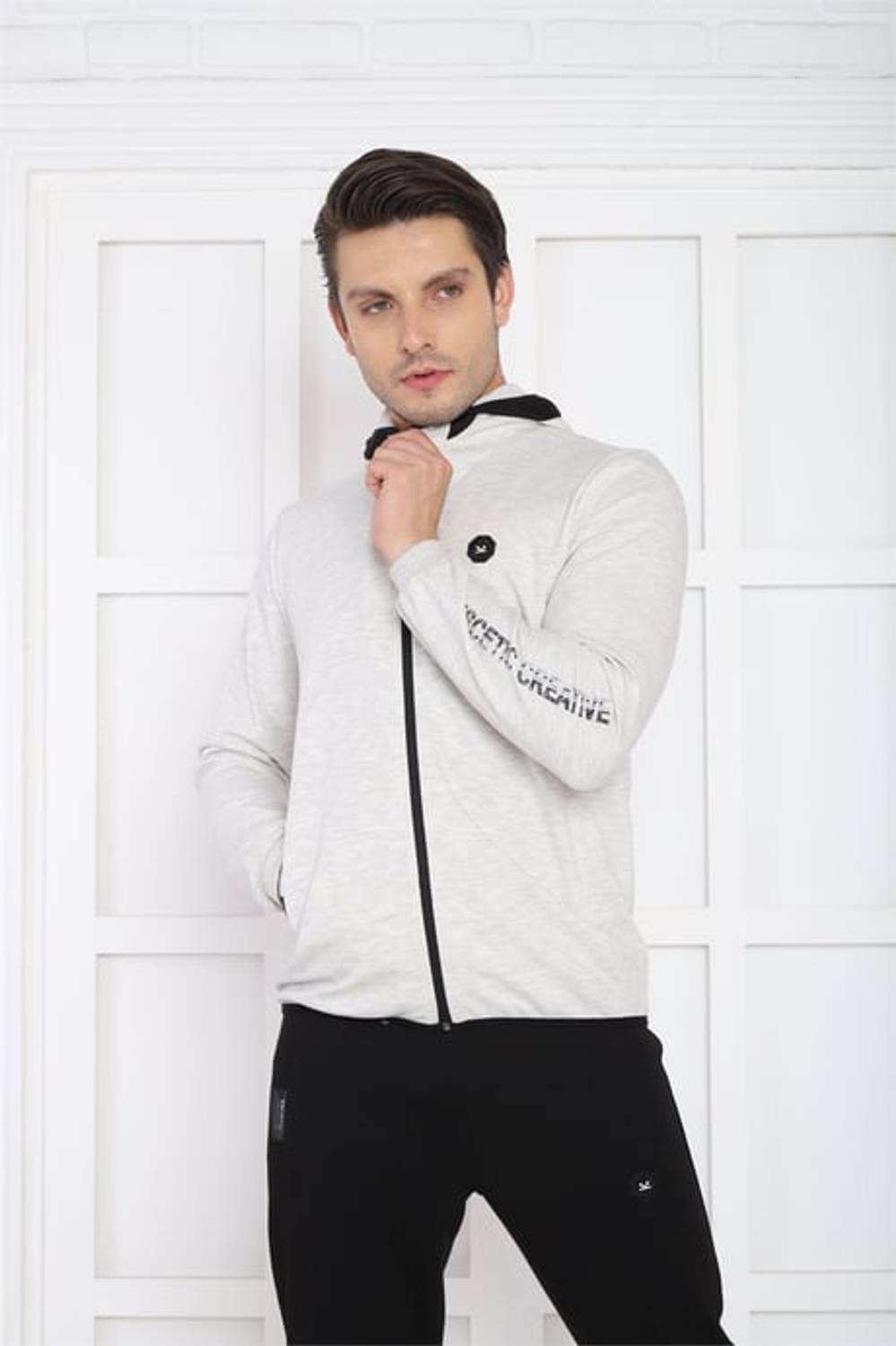 Escetic Kar Melanj Erkek Kapüşonlu 4 Mevsim Nefes Alabilen Pamuklu Spor Slimfit Eşofman Takımı 6761