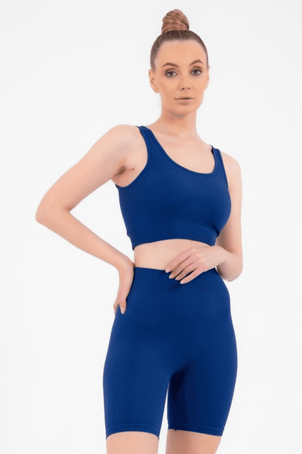 Kadın Saks Mavisi Toparlayıcı Yüksek Bel Esnek Fitness Yoga Plates Bra Şort Tayt Takım A3087