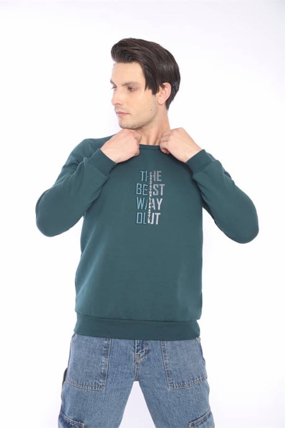 Escetic Yeşil Erkek Kışlık Slimfit 3 İplik İçi Polarlı Nefes Alabilen Spor Sweatshirt 0940