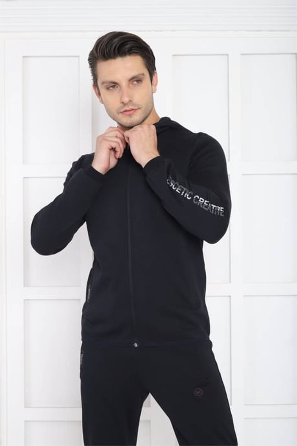 Escetic Navy Blue Men's Hooded 4 Seasons Breathable Cotton Sports Slimfit Tracksuit Set 6761