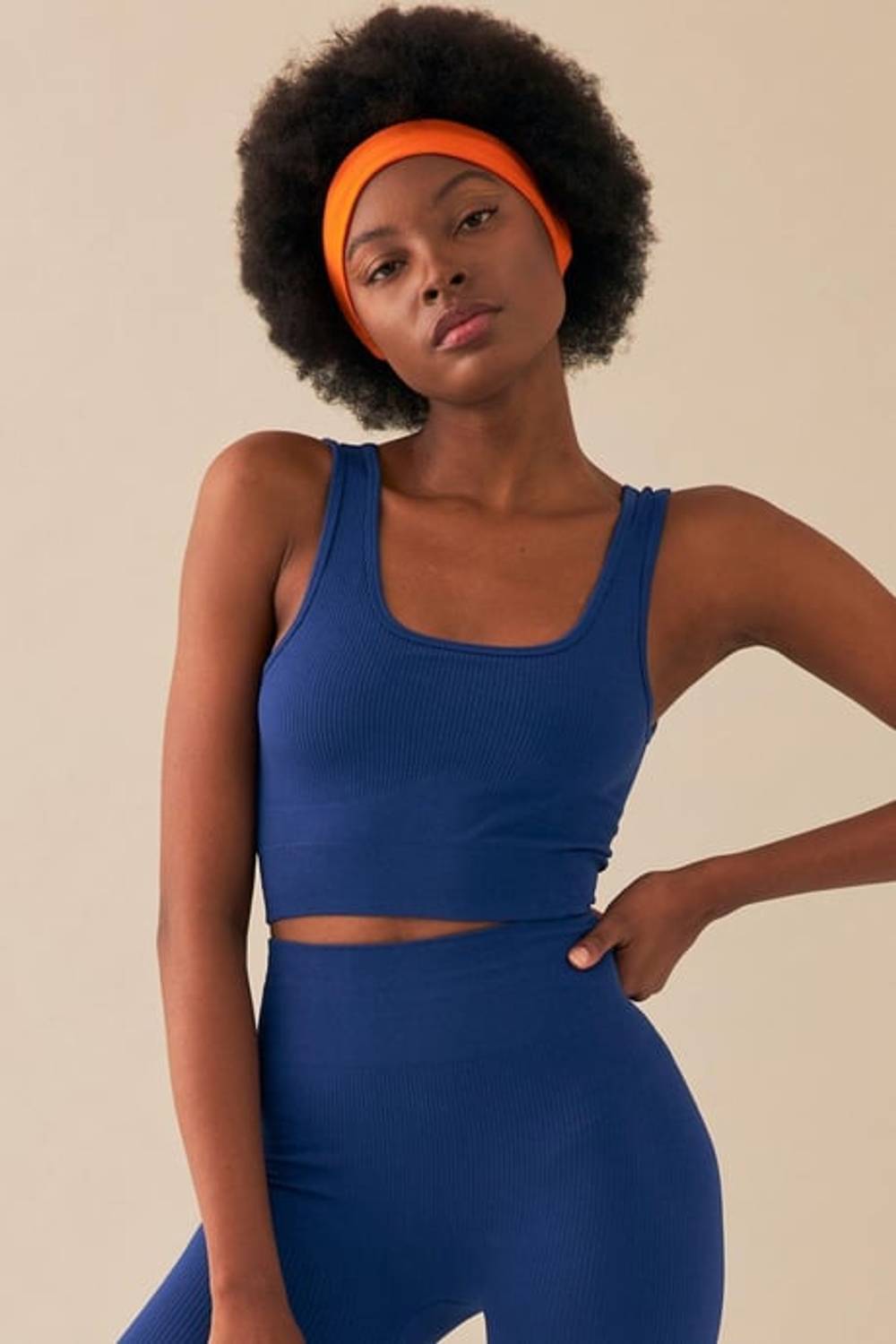 Escetic Women's Saks Blue High Waist Extra Flexible Fitness Yoga Plates Bra Tights Set 3087