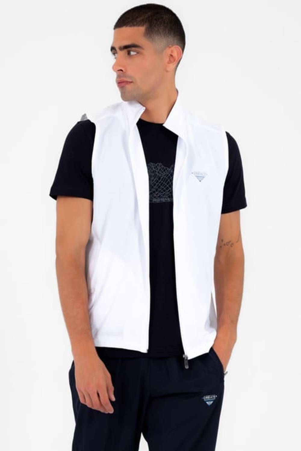 Escetic Beyaz Erkek Dik Yaka Spor Likra Nefes Alabilen 4 Cepli Yazlık Slimfit Yelekli Eşofman Takımı 6921