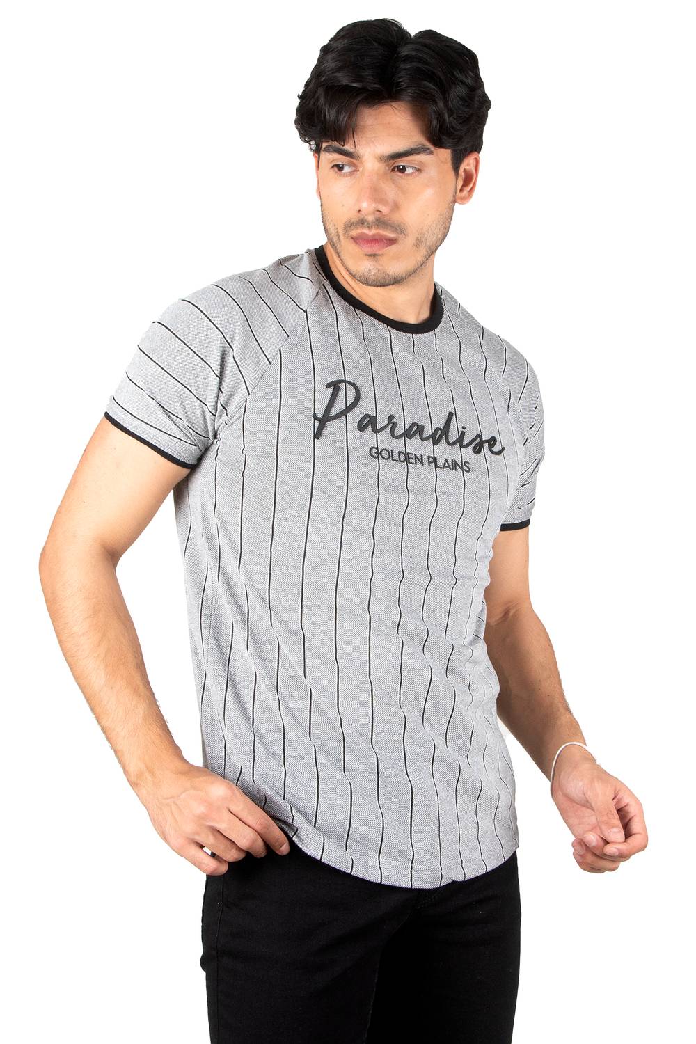 DeepSEA Stripe Patterned T-Shirt with Ribbed Sleeves and Printed Front 2302300