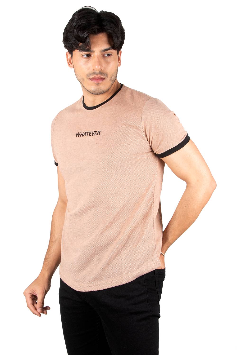 DeepSEA T-Shirt with Ribbed Dot Pattern on Collar and Sleeves and Text Embroidery on the Front 2304014