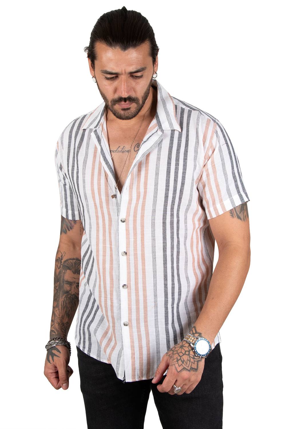 DeepSEA Striped Open Collar Short Sleeve Linen Men's Shirt 2201917