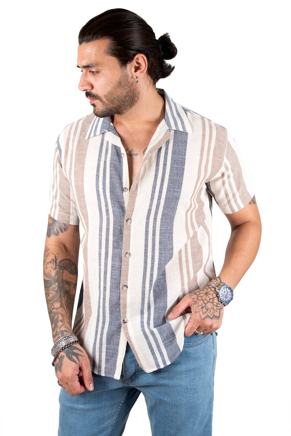 DeepSEA Short Sleeve Buttoned Striped Raw Linen Men's Shirt 2201921