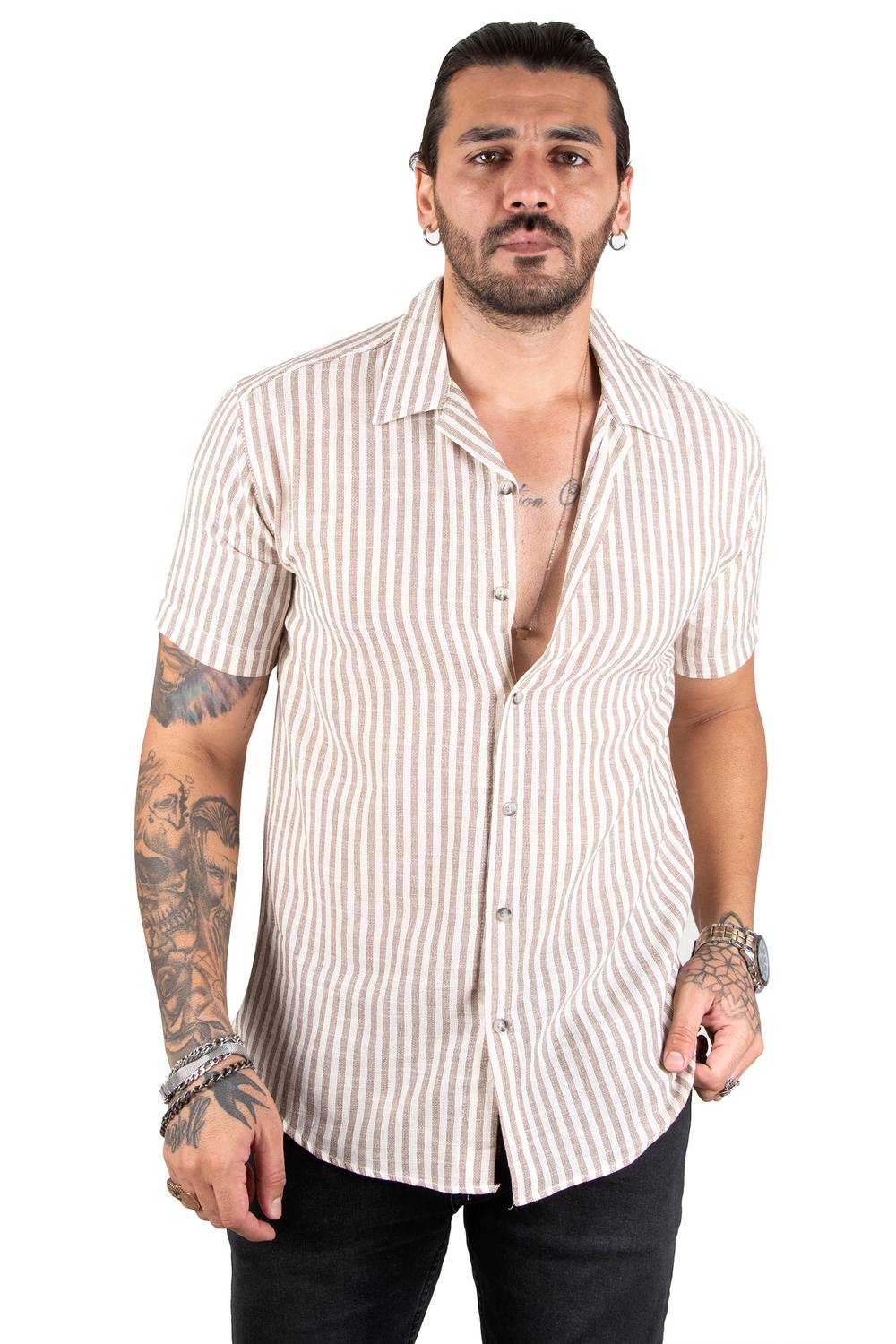 DeepSEA Fine Line Patterned Short Sleeve Raw Linen Men's Shirt 2201920