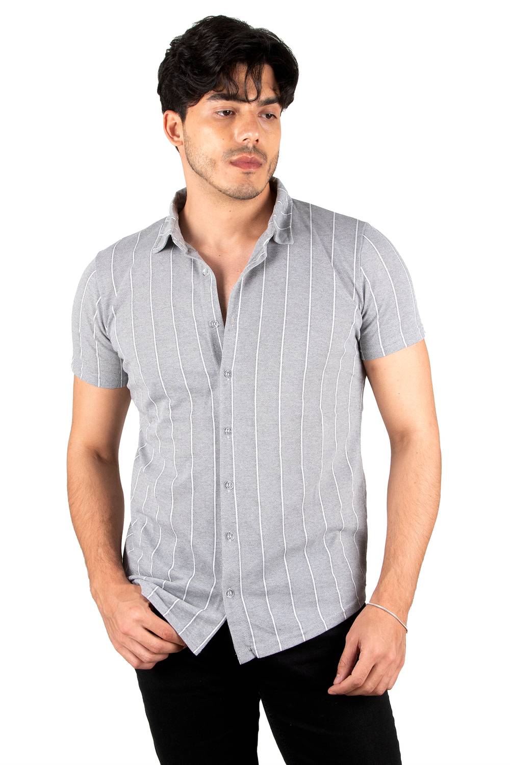 DeepSEA Stripe Patterned Lycra Short Sleeve Combed Cotton Shirt 2305099